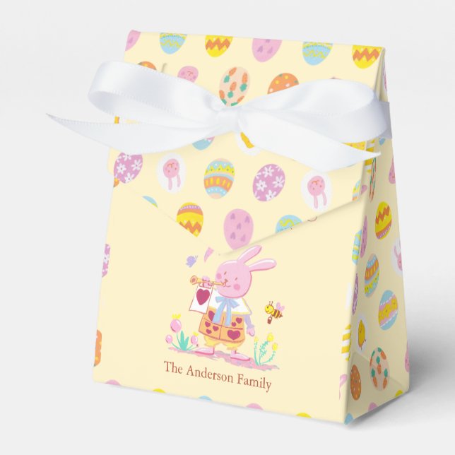 Pink Bunny Garden & Easter Egg Pattern Yellow Favour Box (Front Side)