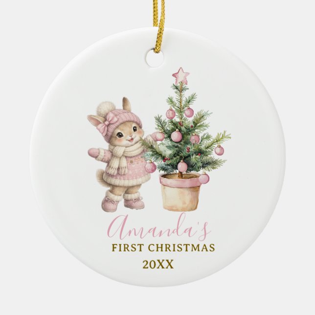 Pink Bunny Girl Rabbit First Christmas Keepsake Ceramic Tree Decoration (Front)