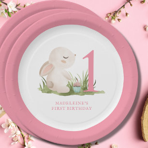 Pink Bunny Girl's 1st Birthday Paper Plate