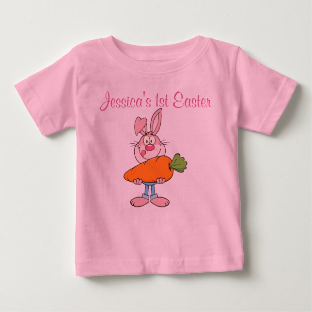 Pink Bunny Holding Huge Carrot Custom Pink Baby T-Shirt (Front)