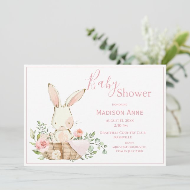 Pink Bunny Rabbit Baby Invitation (Standing Front)
