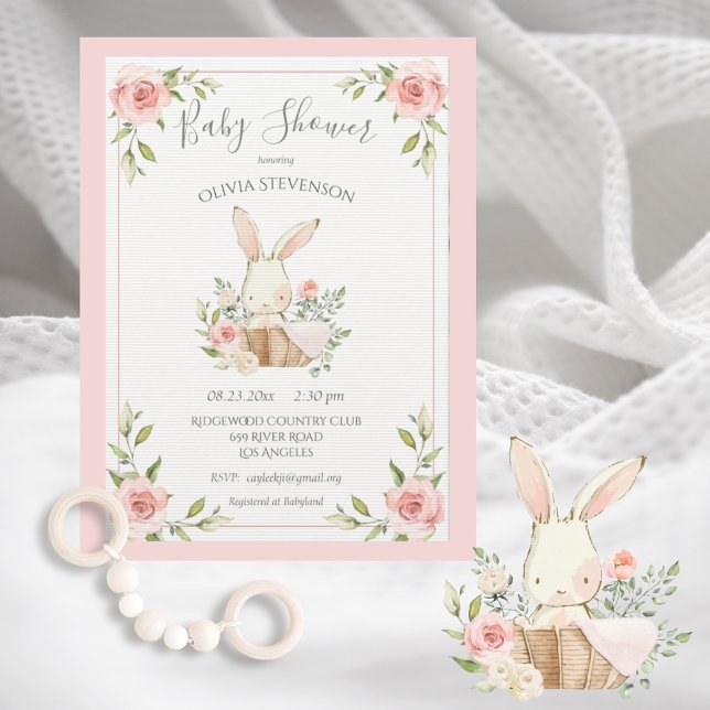 Pink Bunny Rabbit Columned Paper  Baby Shower Invitation (Creator Uploaded)