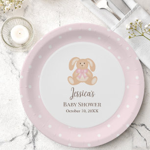 Pink Bunny Rabbit Cute Polka Dots Girl Baby Shower Paper Plate