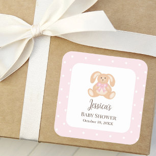 Pink Bunny Rabbit Cute Polka Dots Girl Baby Shower Square Sticker