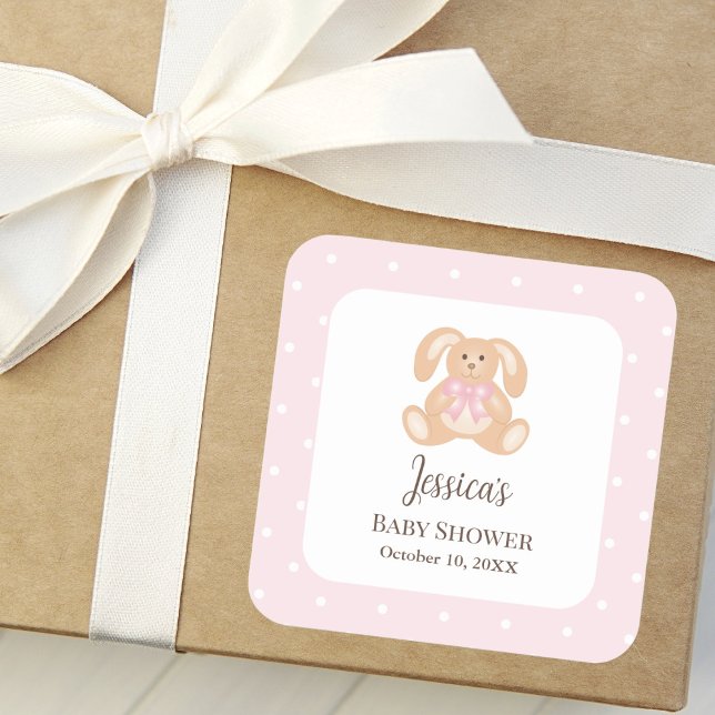 Pink Bunny Rabbit Cute Polka Dots Girl Baby Shower Square Sticker (Creator Uploaded)