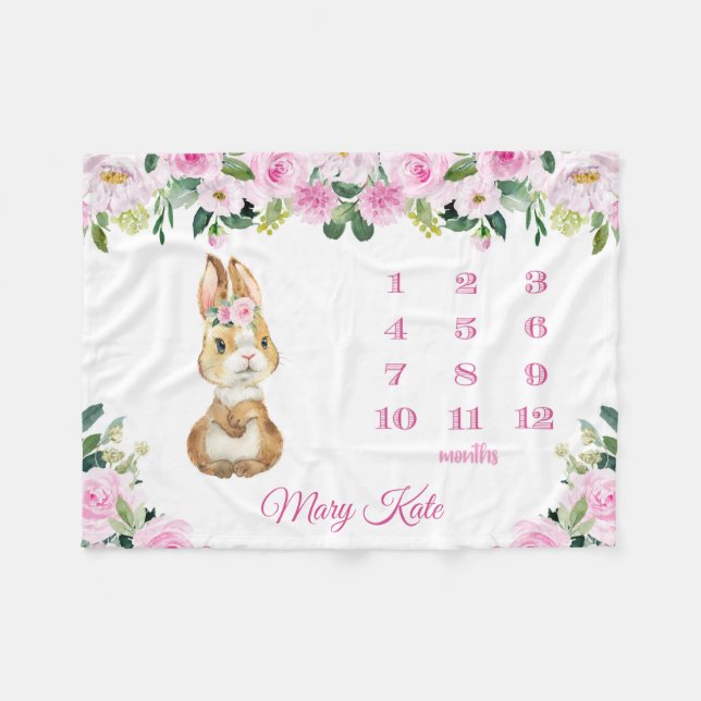 Pink Bunny Rabbit Floral  Baby Monthly Milestone Fleece Blanket (Front (Horizontal))