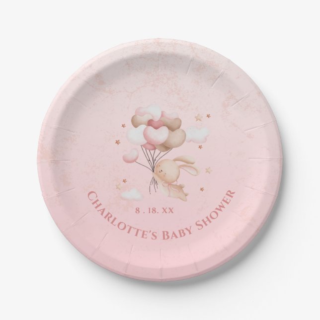  Pink Bunny Rabbit Heart Balloons Baby Shower   Paper Plate (Front)