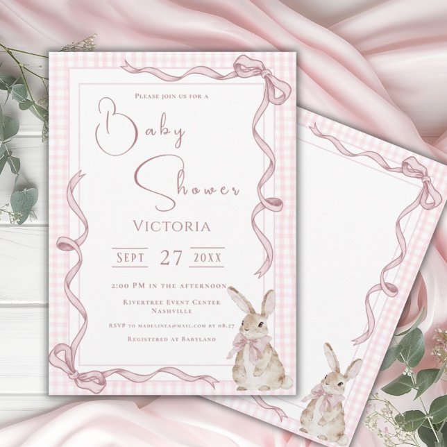 Pink Bunny Ribbon Vintage Baby Shower Invitation (Creator Uploaded)