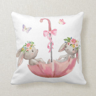 Pink Bunny Umbrella Boho Baby Girl Nursery Pillow