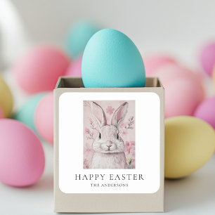 Pink Bunny with Flower Easter Square Sticker