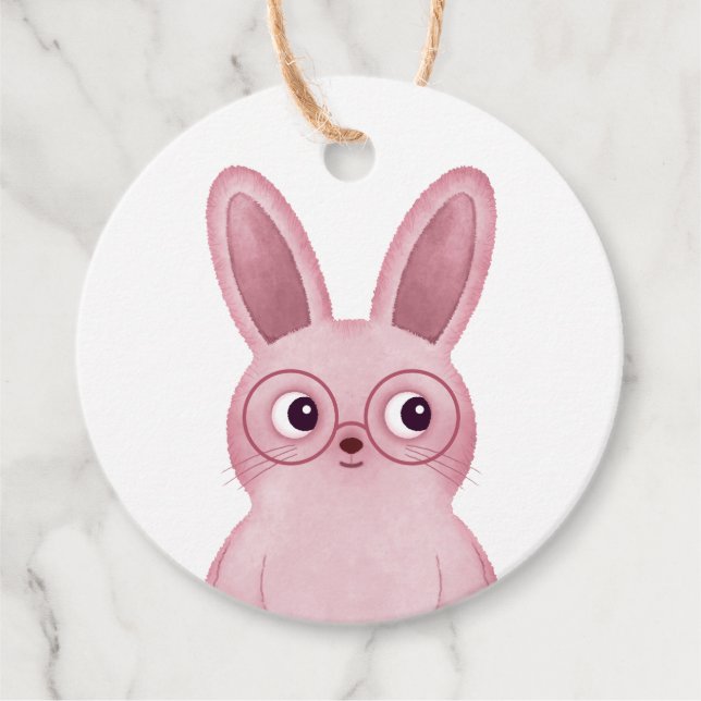 Pink bunny with glasses label for birthday parties (Front)