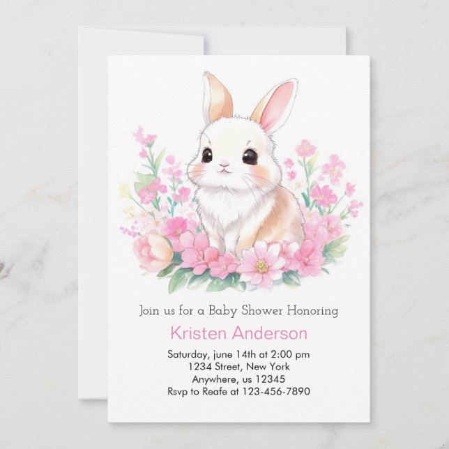 Pink Bunny's Whimsical Woodland Girl Baby Shower Invitation (Front)