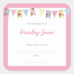 Pink Bunting Baby Shower book Bookplates Square Sticker