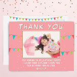 Pink Bunting Flag Birthday Photo Thank you Postcard<br><div class="desc">Cute bunting flags pink birthday photo thank you postcard. Thank your guest for coming to your child`s birthday party! The design has colourful birthday party bunting flags and a photo in a frame on a pink background with white spots - insert your photo into the template. Change the thank you...</div>