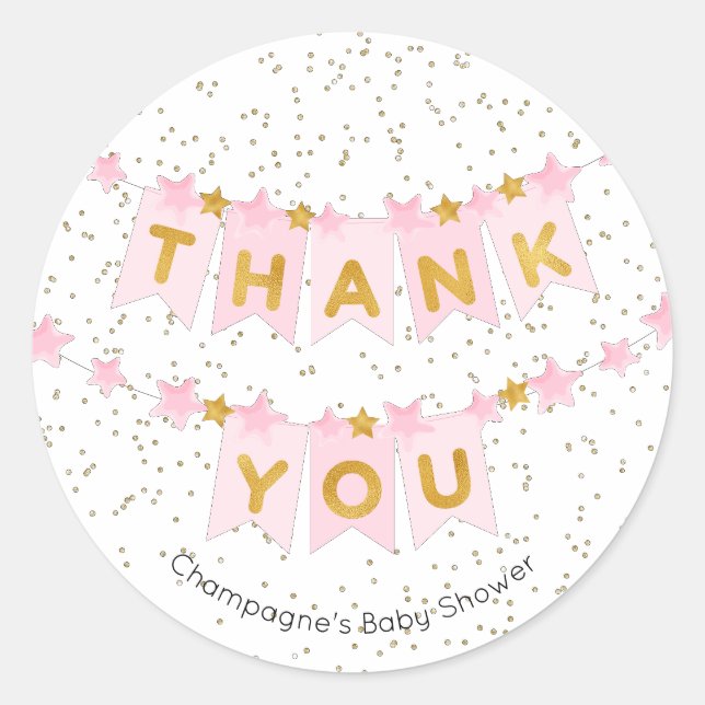 Pink Bunting Flags Gold Thank You Classic Round Sticker (Front)