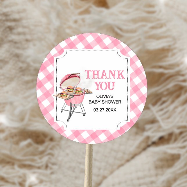 Pink Burger BBQ Baby Shower Classic Round Sticker (Pink Burger BBQ Baby Shower Sticker)