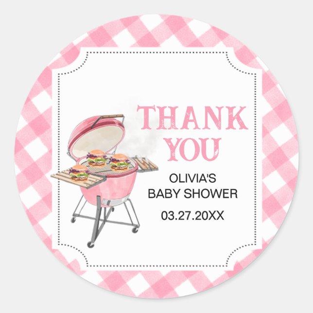 Pink Burger BBQ Baby Shower Classic Round Sticker (Front)