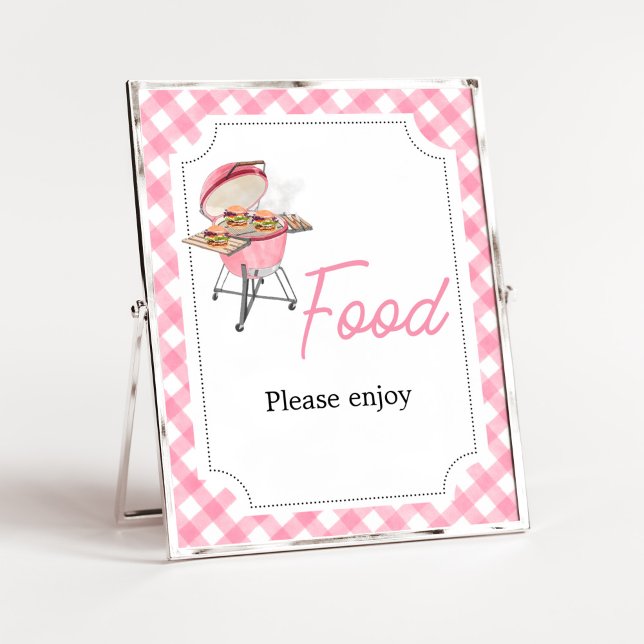 Pink Burger BBQ Baby Shower Food Poster (Girl Backyard BBQ Baby Shower Food Sign)