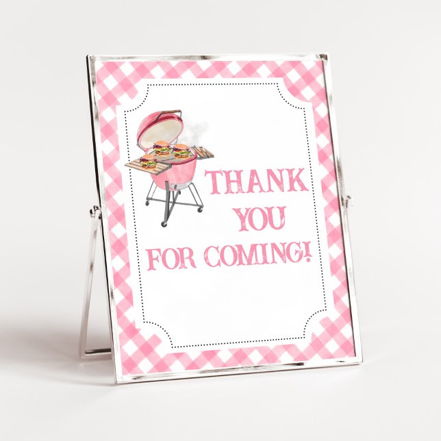 Pink Burger BBQ Baby Shower Thank You for Coming Poster (Girl Backyard BBQ Baby Shower Thank You for Coming Sign)