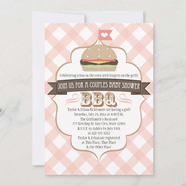 Pink Burger Couples BBQ Baby Shower Invitations (Front)