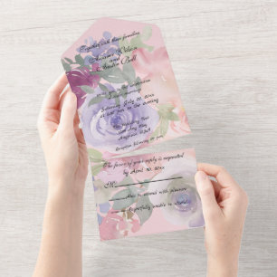 Pink Burgundy and Blue Watercolor Floral All In One Invitation