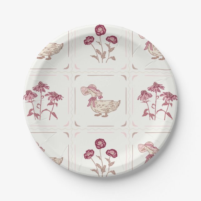 Pink, Burgundy and Brown Flowers and Ducks Paper Plate (Front)