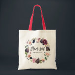 Pink, burgundy and fig floral flower girl tote bag<br><div class="desc">Pink,  burgundy and fig floral flower girl design. Watercolor floral,  foliage and hand painted fruit and modern script text. Part of a wedding suite.</div>