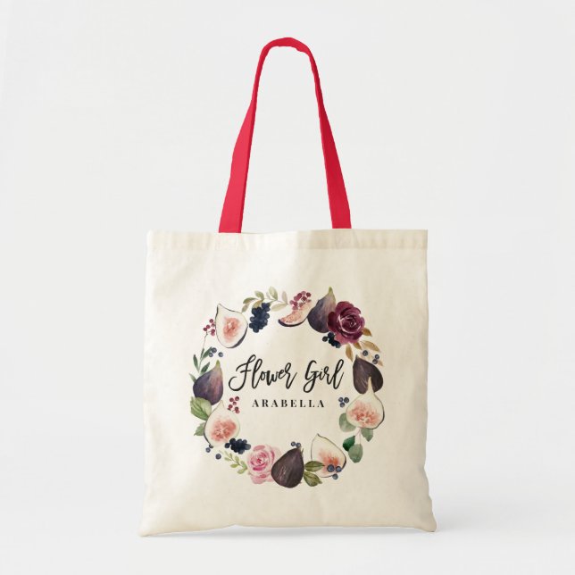 Pink, burgundy and fig floral flower girl tote bag (Front)
