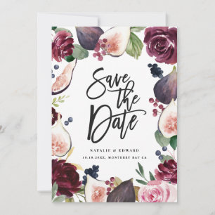 Pink, burgundy and fig floral photo save the date