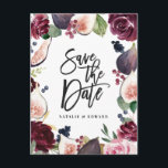 Pink, burgundy and fig floral save the date postcard<br><div class="desc">Pink,  burgundy and fig floral save the date card. Beautiful watercolor illustration and modern script handwriting. Part of a collection.</div>