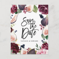Pink, burgundy and fig floral save the date