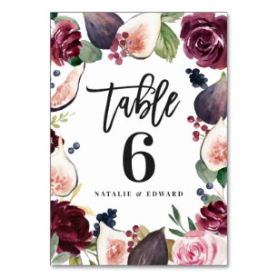 Pink, burgundy and fig floral wedding day decor table number