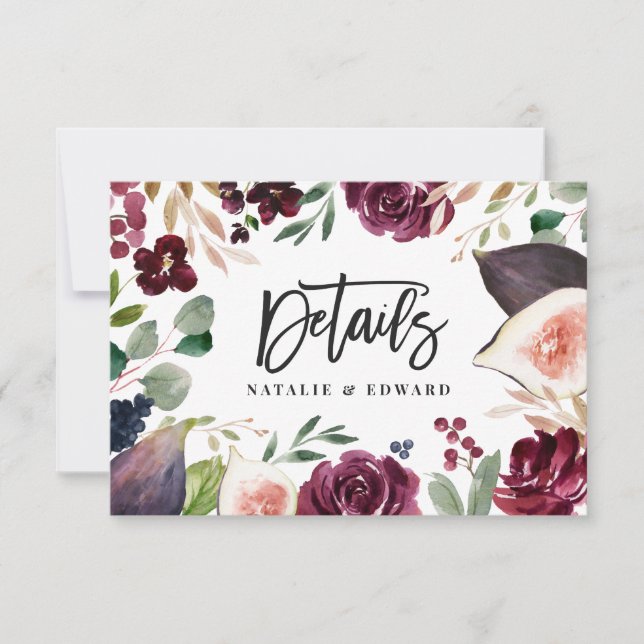 Pink, burgundy and fig floral wedding details card (Front)