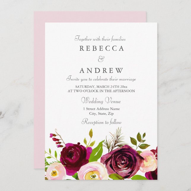 Pink Burgundy & Blush Flowers Wedding Invite (Front/Back)