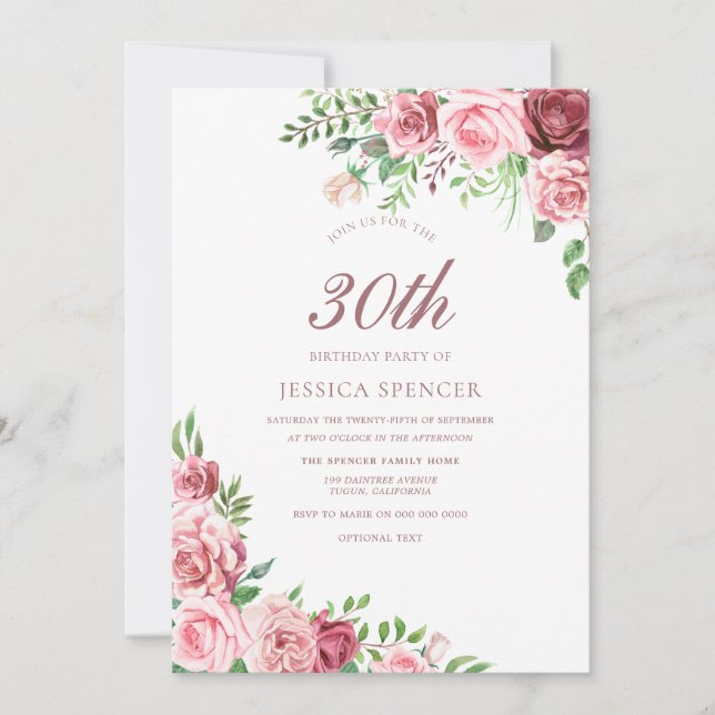 Pink Burgundy Blush Womans 30th Birthday Invite (Front)