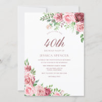 Pink Burgundy Blush Womans 40th Birthday Invite