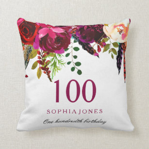 Pink & Burgundy Boho Floral 100th Birthday Gift Cushion