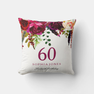 Pink & Burgundy Boho Floral 60th Birthday Gift Cushion