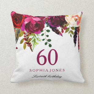 Pink & Burgundy Boho Floral 60th Birthday Gift Cushion