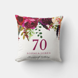 Pink & Burgundy Boho Floral 70th Birthday Gift Cushion