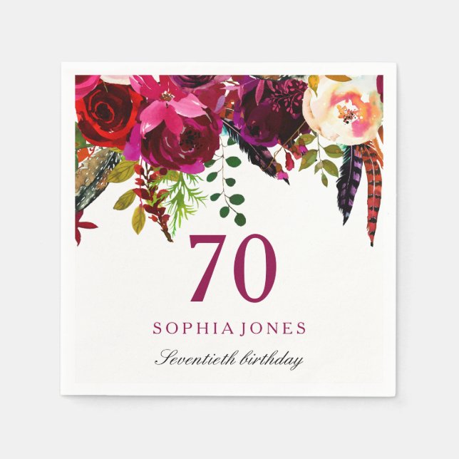 Pink & Burgundy Boho Floral 70th Birthday Party Napkin (Front)