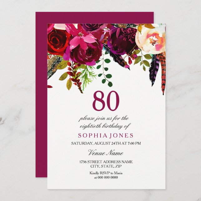 Pink & Burgundy Boho Floral 80th Birthday Party Invitation (Front/Back)