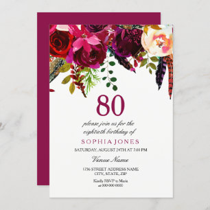 Pink & Burgundy Boho Floral 80th Birthday Party Invitation