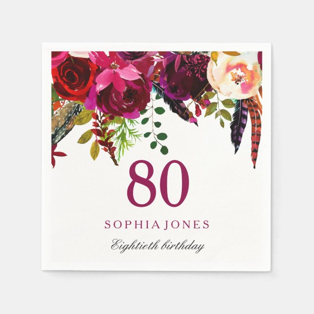Pink & Burgundy Boho Floral 80th Birthday Party Napkin (Front)