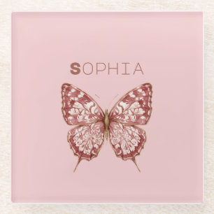 Pink Burgundy Butterfly Name Glass Coaster