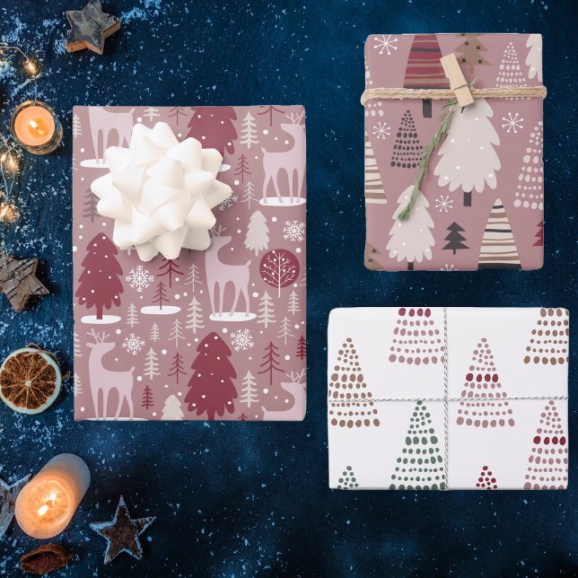 Pink Burgundy Christmas Reindeer and Trees Wrapping Paper Sheet (Creator Uploaded)