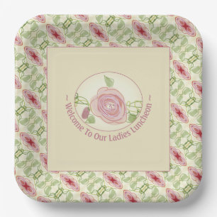 Pink Burgundy Cream And Green Floral Paper Plate