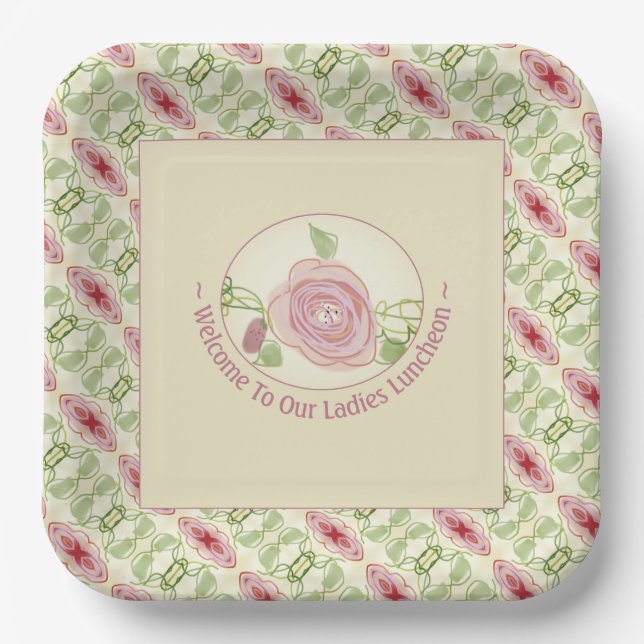 Pink Burgundy Cream And Green Floral Paper Plate (Front)