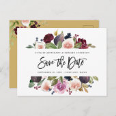 Pink, burgundy + fig floral save the date mustard postcard (Front/Back)