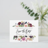 Pink, burgundy + fig floral save the date mustard postcard (Standing Front)